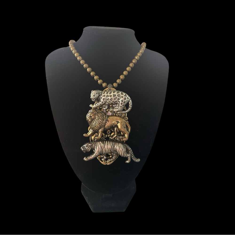 NWT VTG A La Carte Safari Animal Statement Necklace Lion Tiger Leopard Beaded 18